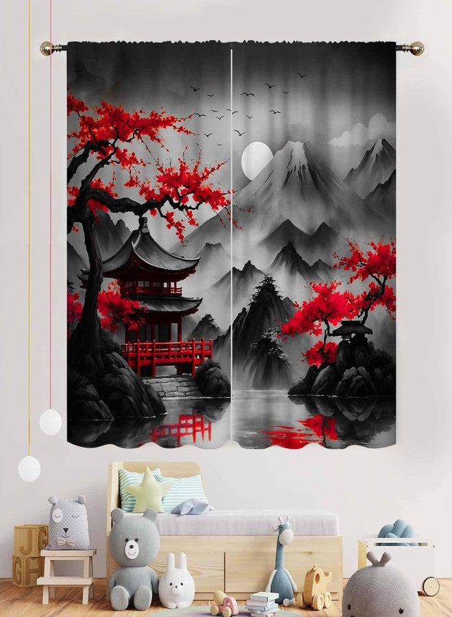 TKUYO Cherry Blossoms Curtains, Japanese Traditional Ink Painting Red Floral Plum Blossom Asian Oriental Nature Mountains Landscape Window Drapes Treatments for Bedroom Living Room Kitchen, 42"x45" Inch - Image 3